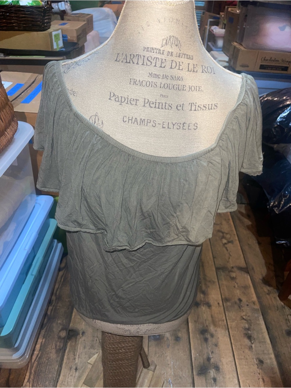 American Eagle Outfitters Olive Green Off-Shoulder Ruffle Crop Top